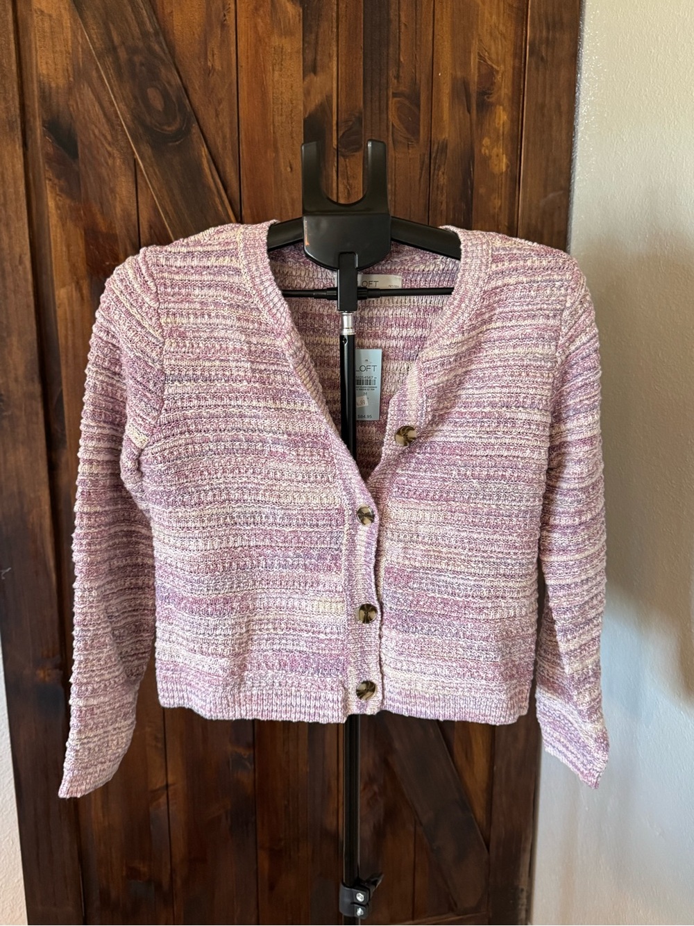 LOFT Lavender Pink Multi-Stripe Button-Front Cardigan
